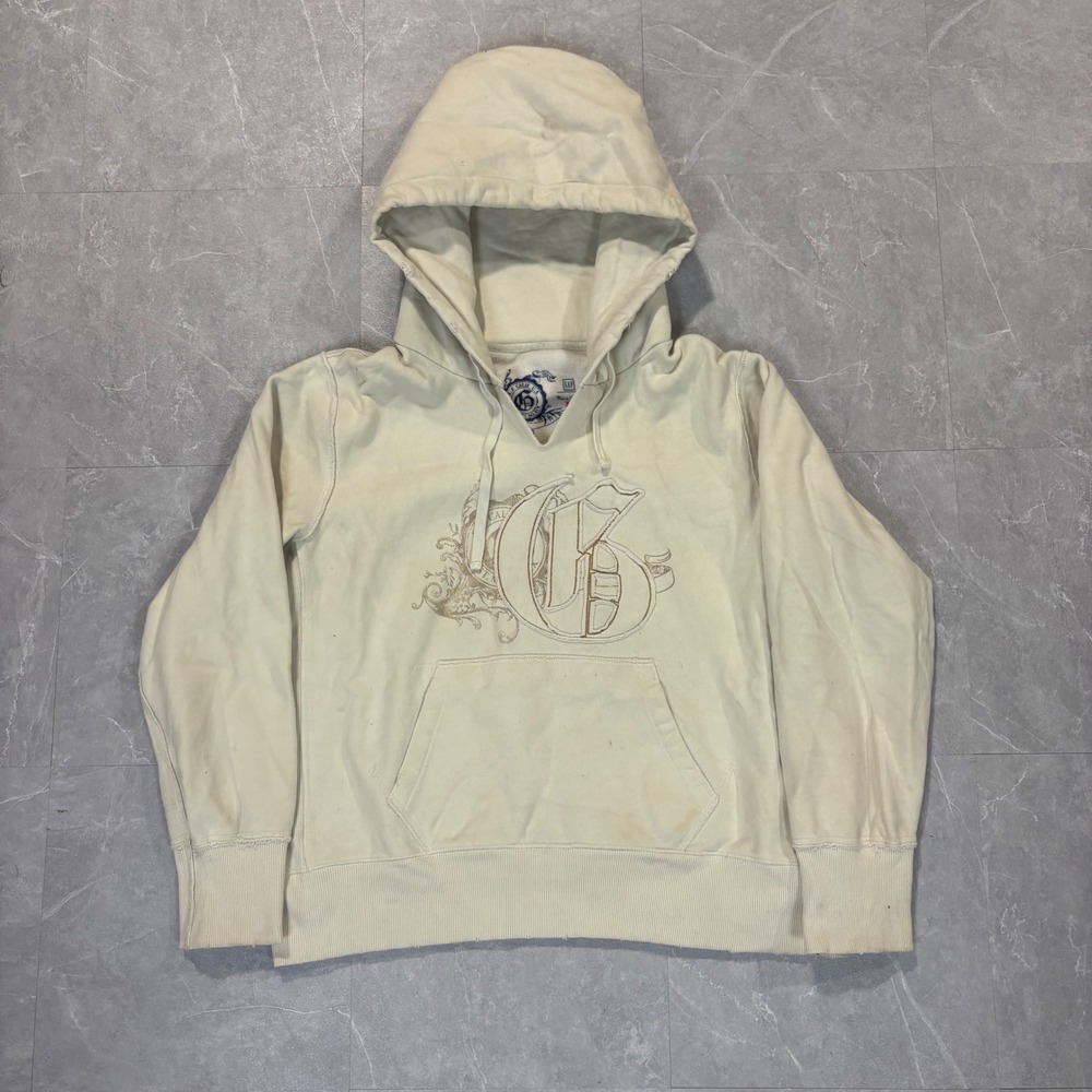 Gap Mens XL Cream Embroidered Crest Pullover Hoodie Sweatshirt Off White